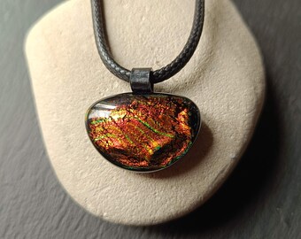 Handmade copper orange colour dichroic fused glass pendant with necklace, birthday gift, art glass