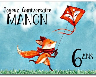 Carte anniversaire enfant renard personnalisée personnalisable 12.5cm x 17cm avec enveloppe