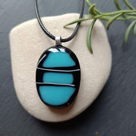 Handcrafted Black and Turquoise Glass Pendant Necklace Unique
