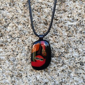 Handmade black and red fused glass pendant with necklace, birthday gift, art glass image 1