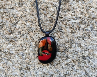 Handmade black and red fused glass pendant with necklace, birthday gift, art glass