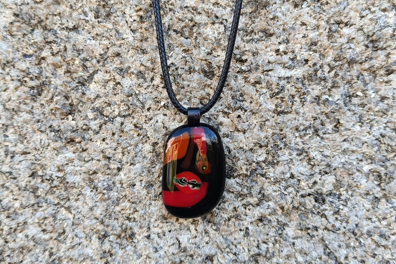 Handmade black and red fused glass pendant with necklace, birthday gift, art glass image 1