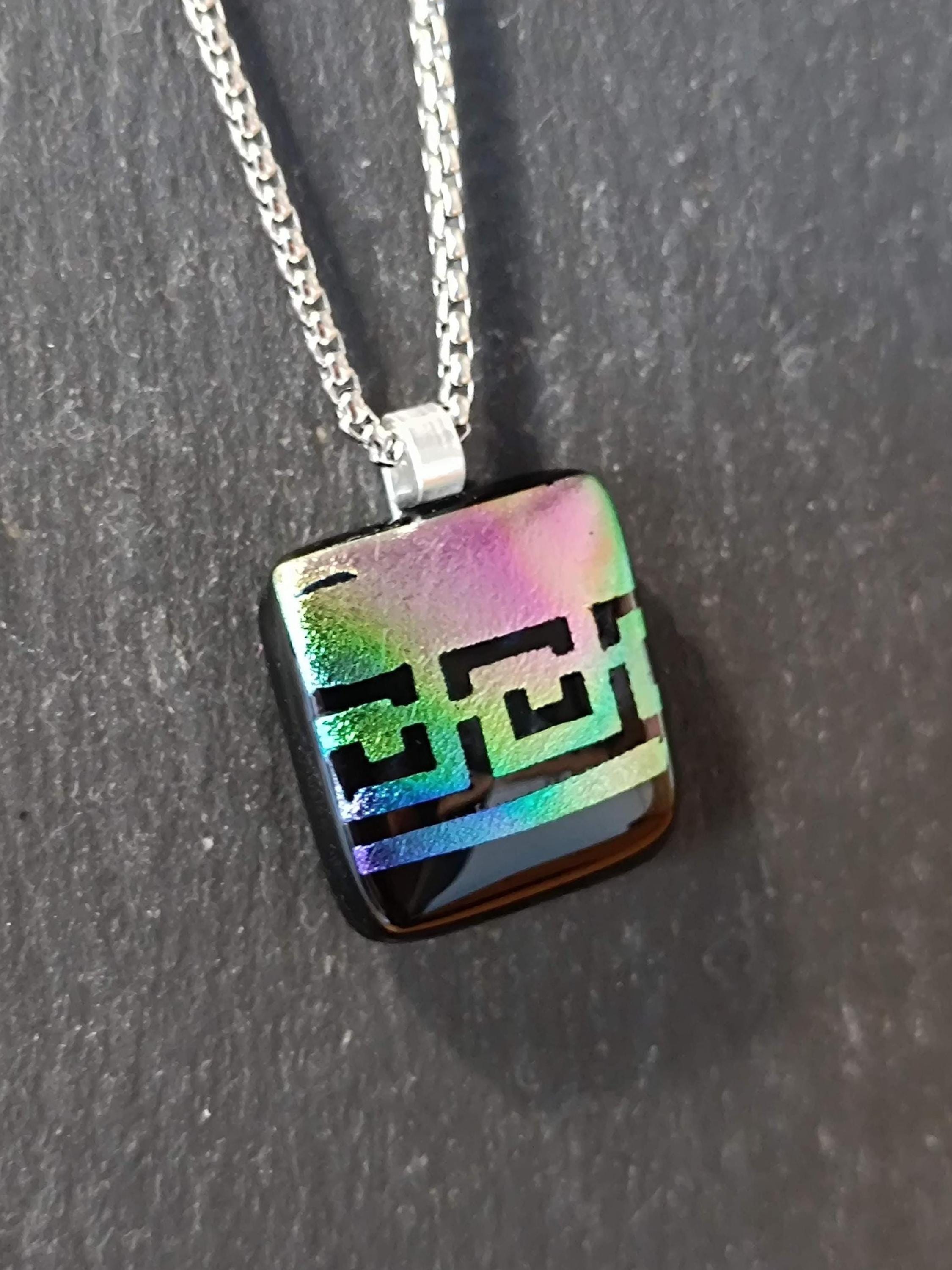 Handmade rainbow dichroic fused glass pendant necklace, gender-neutral birthday gift idea, easy to mail idea