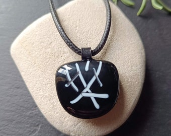 Handmade black and white fused glass pendant necklace, birthday gift, art glass