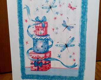 Presents Happy Birthday hand made card - 12.5cm x 17.5cm (5'' x 7'') with envelope.