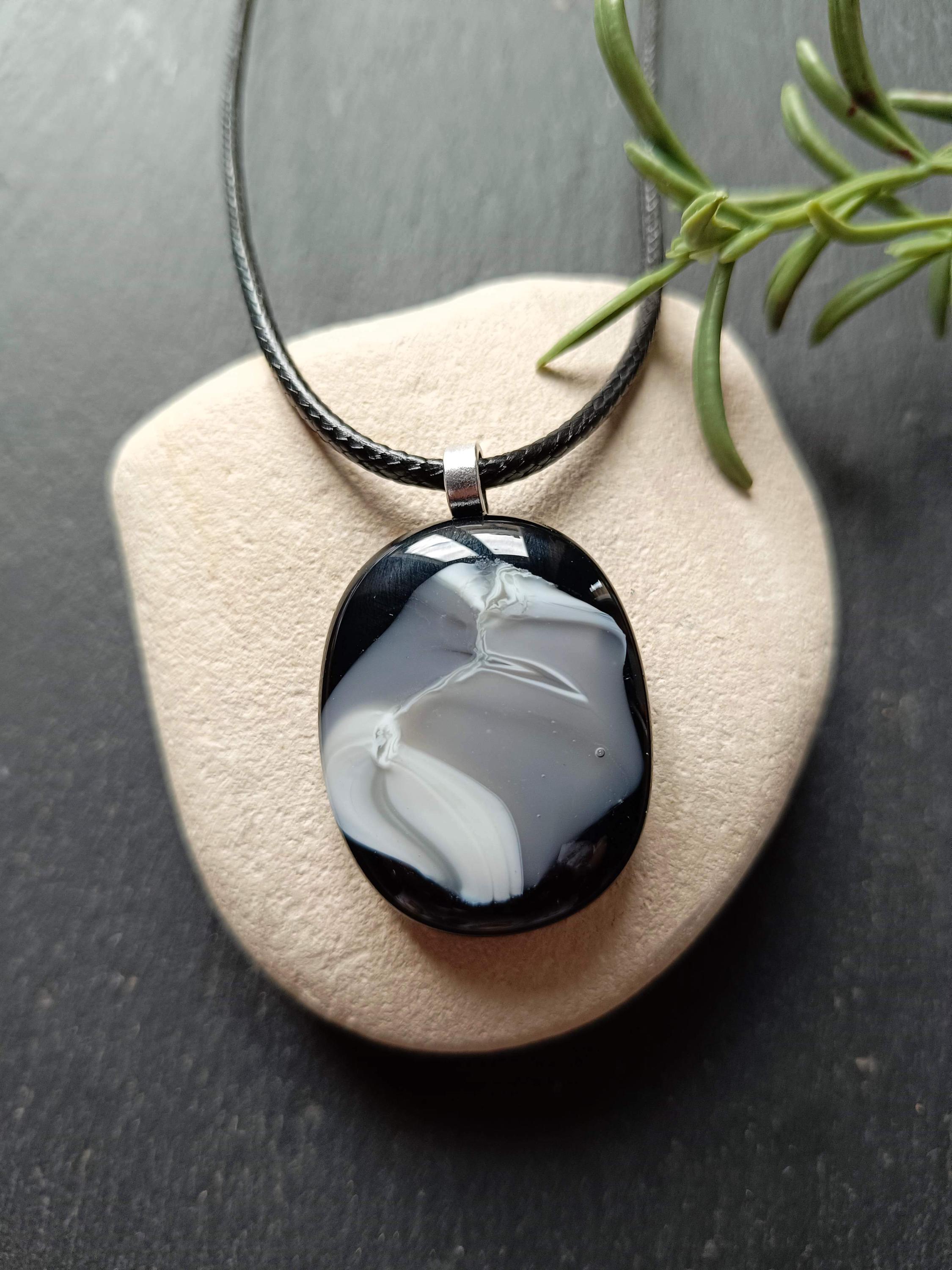 Handmade Monotone Fused Glass Pendant With Black Cord
