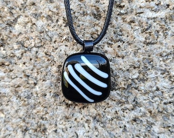 Handmade black and white fused glass pendant necklace, birthday gift, art glass