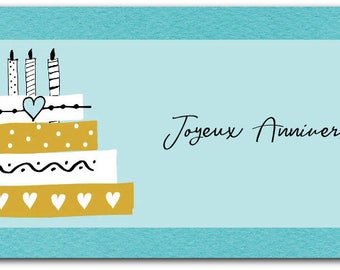 Joyeux Anniveraire hand made birthday card - 10cm x 21cm with envelope.