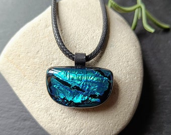 Handmade blue dichroic fused glass pendant, necklace, birthday gift, art glass, jewellery, jewelry, hand made gift