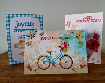 Carte anniversaire, lot de 3 cartes anniversaires, carte artisanale, carte d'anniversaire, birthday card