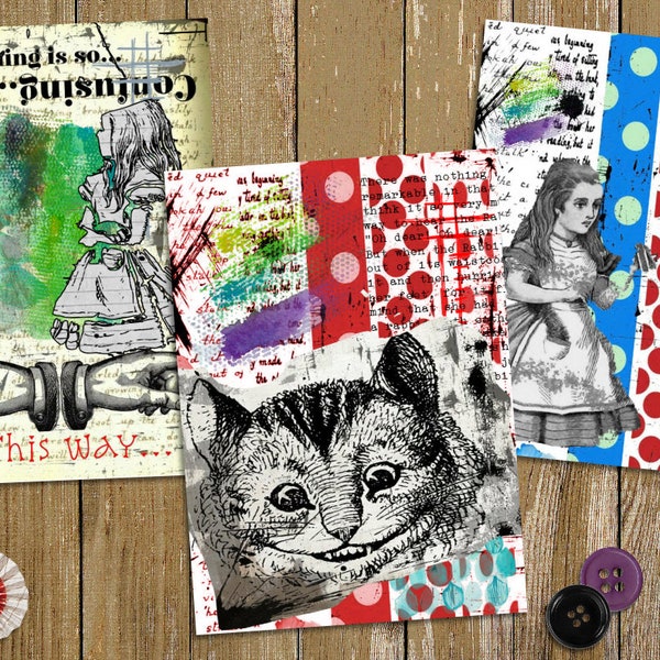 Carte Alice au Pays des Merveilles Lot de 3 cartes,carte  Alice in Wonderland carte fait-main, cartes alice, chat de Cheshire,  lapin blanc