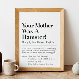 Your Mother Was A Hamster! British Funny Dictionary, Quote Print, Monthy Python Holy Grail Banter, Fart Jokes, French Taunting A5/A4 /A3 Art