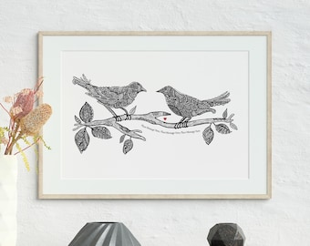 Couple of Love Birds Personalised Swoodle, Hand Drawn Starlings Art Wildlife, Cute Custom Bird Print, Birthday Gift, Home Decor, Print A5-A3