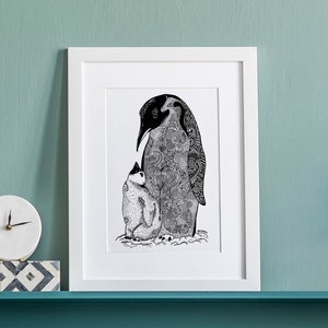 Penguin Personalised Swoodle, Hand Drawn Penguins, Custom Parent & Child Art, Artic Animal, Birthday Gift, Bird Illustration, A4 Print