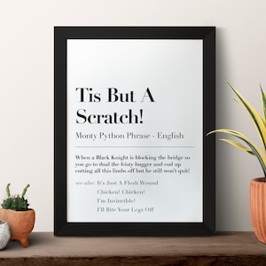 Ce n’est qu’une égratignure! British Funny Dictionary, Citation Print, Monthy Python Saint Graal, Black Knight, King Authur, Flesh Wound A5/A4 /A3 Art