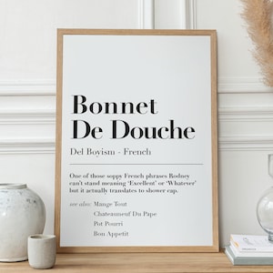 Bonnet de douche! Brits grappig woordenboek citaat afdrukken, Frans gezegde, Only Fools UK cultuur, scherts, grappen, Chav, A5/A4/A3 kunst