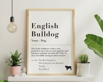 English Bulldog Dictionary Print! Funny Quote Art, British Billy Definition Poster, Dog Puppy Pet Culture, Banter, Jokes A5/A4/A3 Typography