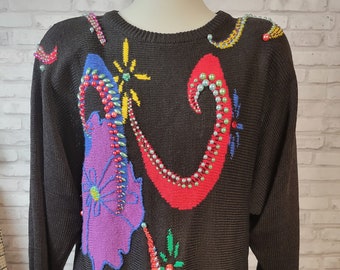 Chelsea Way hand-knit 1980s sweater size Medium black with bright geometric beaded design