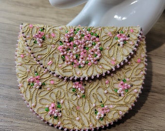 Beaded change purse, delicate pink seed bead floral on cream wool, 1950s vintage handmade