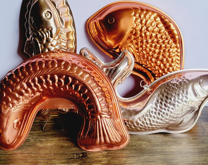 Vintage Fish and Lobster Copper Color Aluminum Gelatin Food Molds or