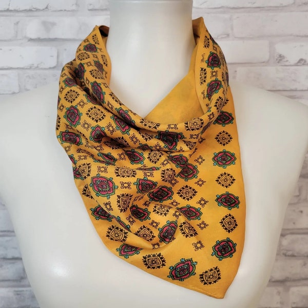 Reversible scarf or bandana, triangular golden yellow scarf, medallion print, vintage 1970s mod