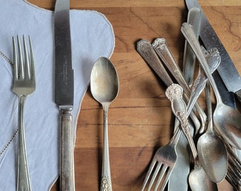 3-piece place setting mismatched silverplate 1910s to 1960s, wedding flatware casual cottage style romantic vintage