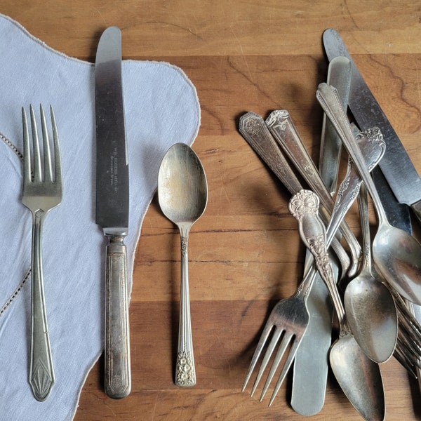 3-piece place setting mismatched silverplate 1910s to 1960s, wedding flatware casual cottage style romantic vintage