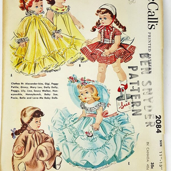 Vintage 1956 McCall's 2084 11-13 inch doll wardrobe pattern peignoir coat muff dress petticoat