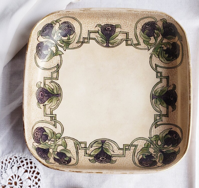 antique arts and crafts floral candy dish Art Nouveau hand painted porcelain vintage shabby decor ceramic trinket ring dish