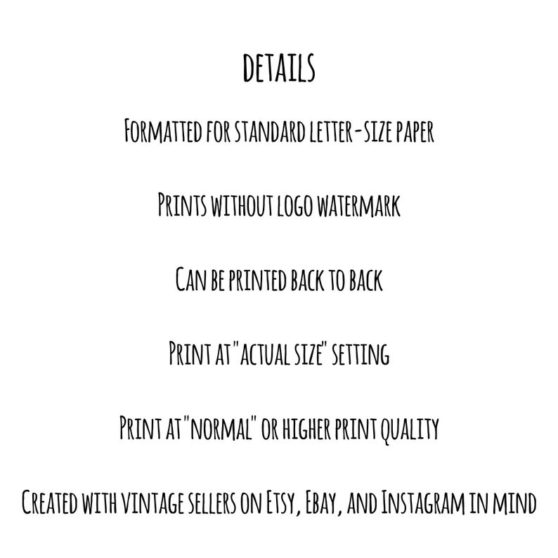 May include: White text on a white background lists details for a product. The text includes: Formatted for standard letter-size paper, prints without logo watermark, can be printed back to back, print at "actual size" setting.