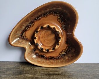 Vintage boomerang atomic era ash tray candy dish brown drip glaze pottery MCM home decor