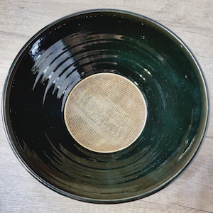 Studio pottery fruit bowl centerpiece bowl black with etched accent, rustic modern style