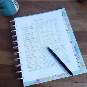 Puede incluir: Una lista de inventario escrita a mano titulada "Ebay Listed Inventory" en un cuaderno de espiral. Un bolígrafo negro descansa sobre la lista, que incluye nombres de artículos, cantidades y fechas. Se ve un divisor con estampado floral.