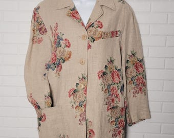 Blazer vintage Karen Kane de linho, tamanho XS, com estampa floral bege e modelagem oversized.