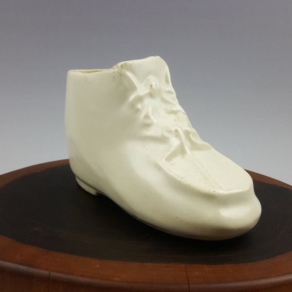 Nelson McCoy matte white pottery baby shoe bootie cache pot planter nursery container 1940s mark