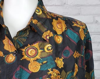 Vintage 1980s Silk Blouse Baroque Medals print Compagnie Internationale Sz M