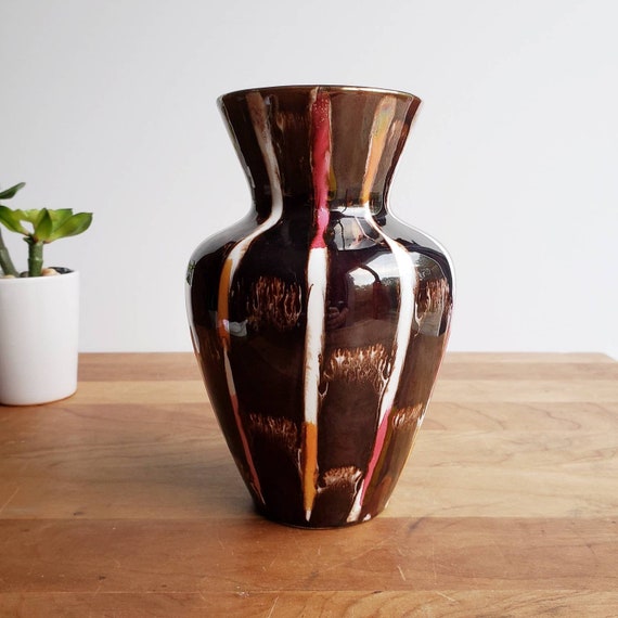 70s Stoneware Vase Brown Drip Earthtone Flower Vase
