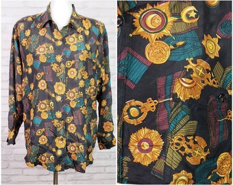 80s blouse size Medium baroque medals and ribbons silk print, vintage navy blue loose fit button front womens shirt