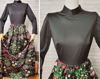 Miss Eileen 1970s nylon maxi dress, mod black floral, long gown, hostess lounge dress, size 8