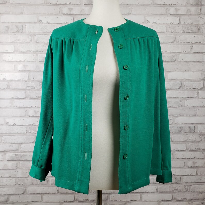 Swing jacket or shacket emerald green wool blend jersey knit, 38-inch bust Joan Leslie for Kasper 1970s image 7