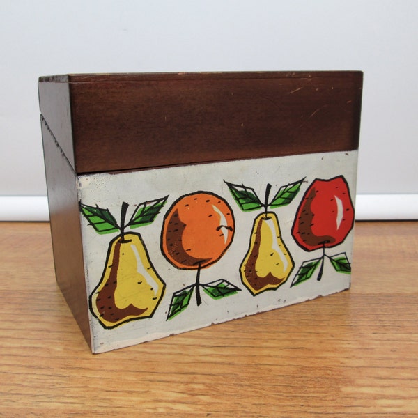 Vintage wood recipe card box with dividers retro fruit design Woodcrest by Styson