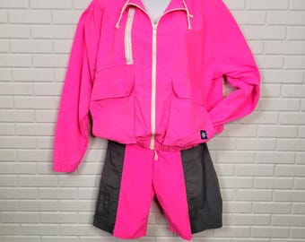 Conjunto de pantalones cortos cortavientos vintage Starbus Australia de los años 80, talla S, rosa intenso, estilo retro deportivo