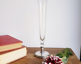 Etched glass and sterling silver bud vase, tall flared lip vase, mid century traditional home decor, gift for her