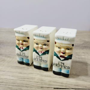 Kitschy vintage ceramic chefs spice shakers, set of 3, made in Japan Royal Sealy, retro kitchen decor