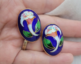 ヴィンテージ ノーブランド クリップ式イヤリング レディース フリーサイズ ブルー 七宝焼き 花柄 1970年代
