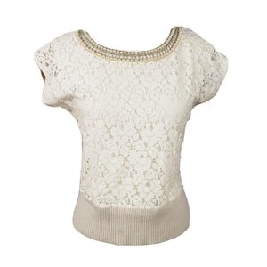Anthropologie Tabitha Sz Mały koronkowy i dzianinowy top z perłowym kołnierzykiem, romantyczny, elegancki zdjęcie 6