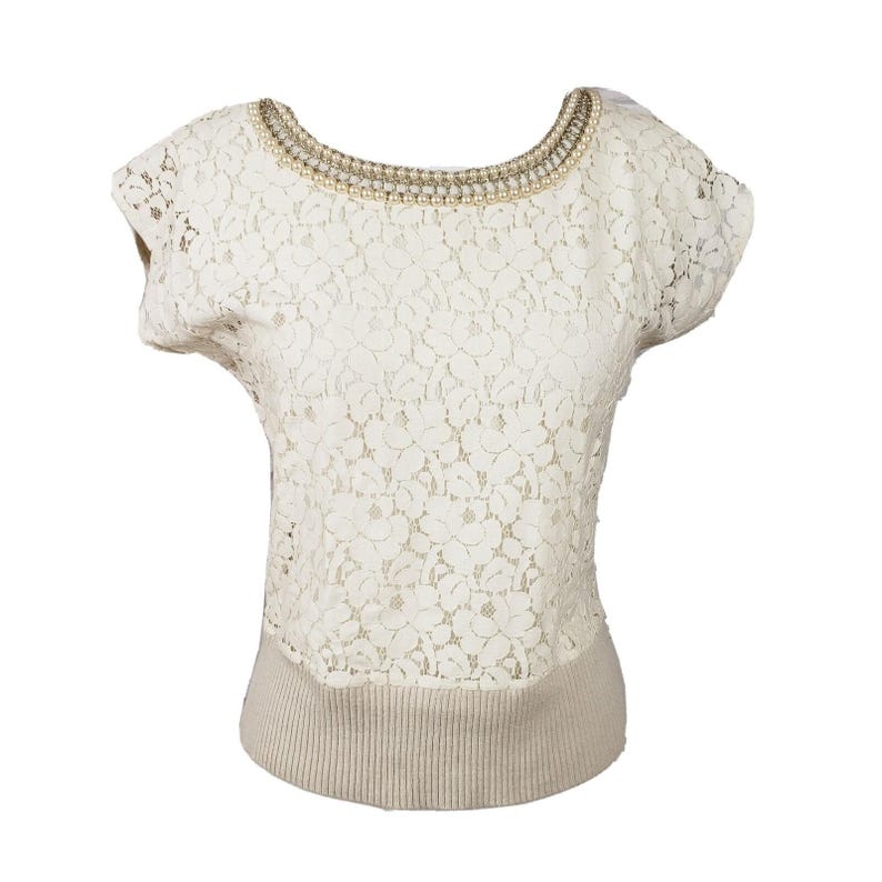 Anthropologie Tabitha Sz Mały koronkowy i dzianinowy top z perłowym kołnierzykiem, romantyczny, elegancki zdjęcie 6