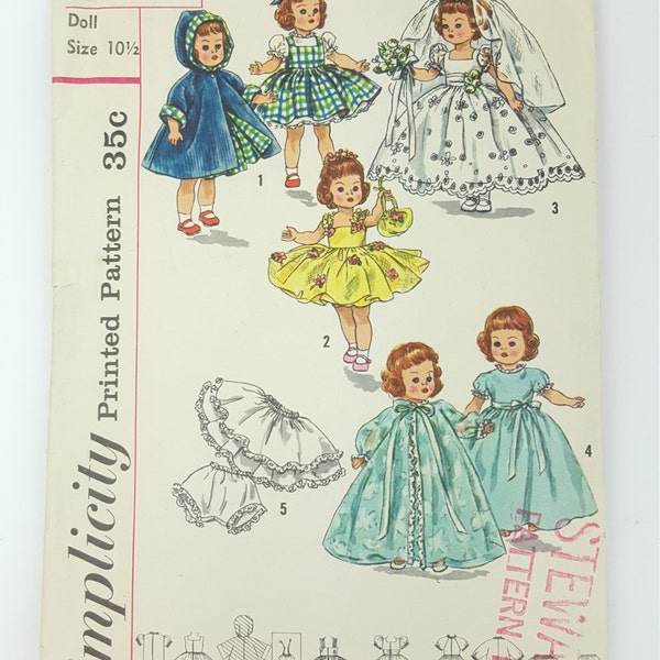 Vintage 50s Simplicity 2294 10.5-inch doll wardrobe pattern wedding gown dress with pinafore hooded coat sundress crinoline nightgown