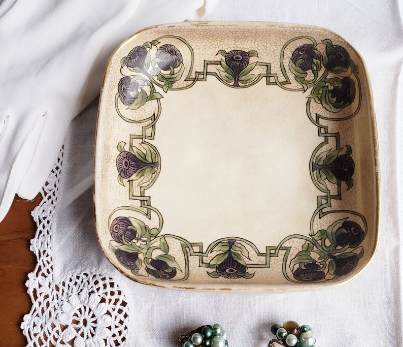 antique arts and crafts floral candy dish Art Nouveau hand painted porcelain vintage shabby decor ceramic trinket ring dish