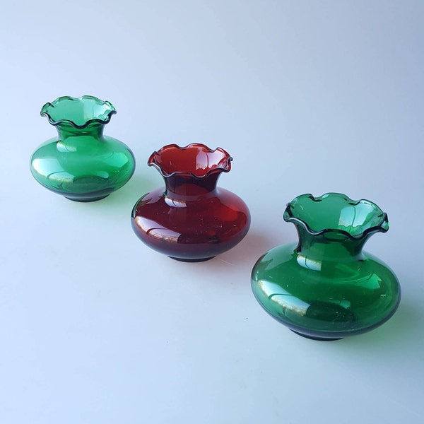 3 vintage Anchor Hocking Forest Green and Ruby Red 3-inch bud vases